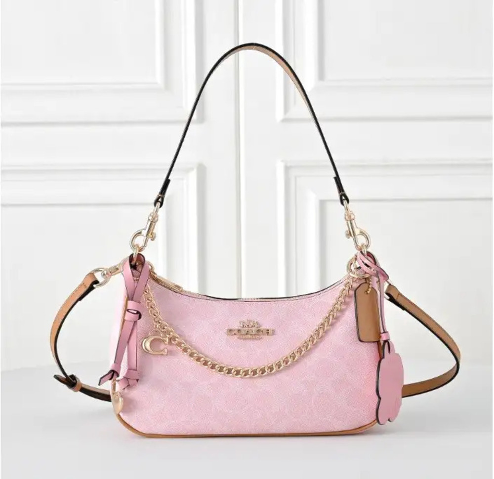 Coach Teri Shoulder Bag Signature Canvas With Charms Gold/Powder Pink CEA20